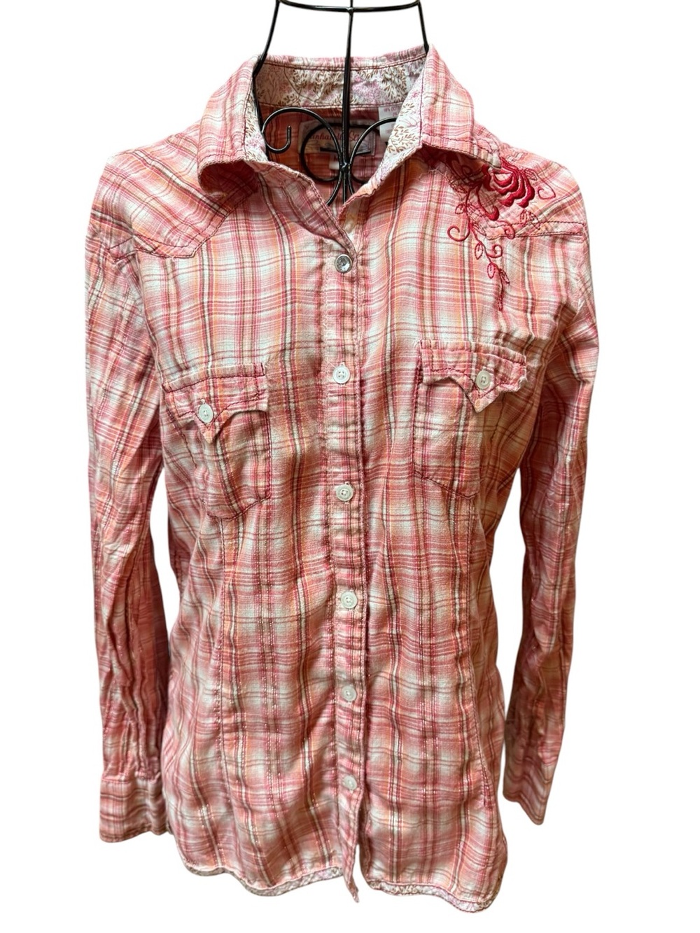 Panhandle Slim Cotton Pink Red Plaid Western Button-Down Shirt Embroidered